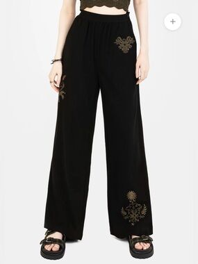 NWT Disturbia Foliate Linen-Blend Embroidered Wide Leg Trousers - Black Sz 6